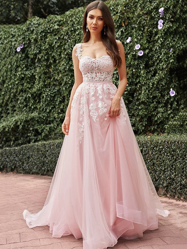 Wholesale A-Line/Princess Tulle Applique Straps Sleeveless Sweep/Brush Train Wedding Dresses
